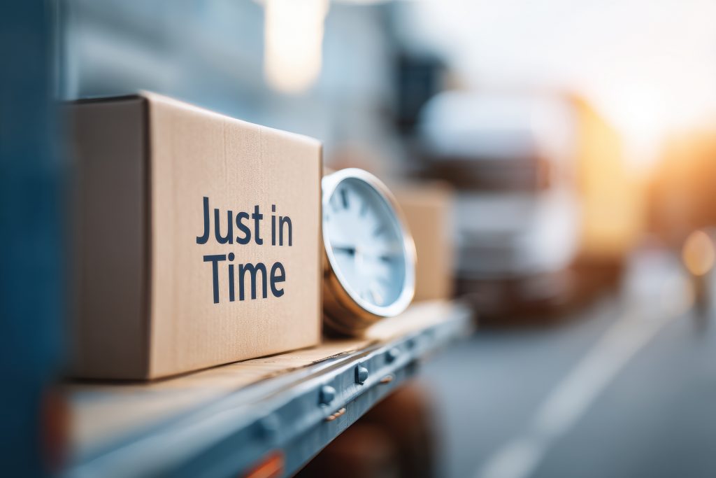A cardboard box labeled "Just in Time" sits on a truck's platform, with a clock nearby, symbolizing timely deliveries in logistics.